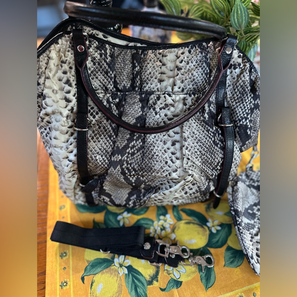 Mz Wallace Large Nylon Snake Print Tote W/ Leather Handles & Detachable Pouch